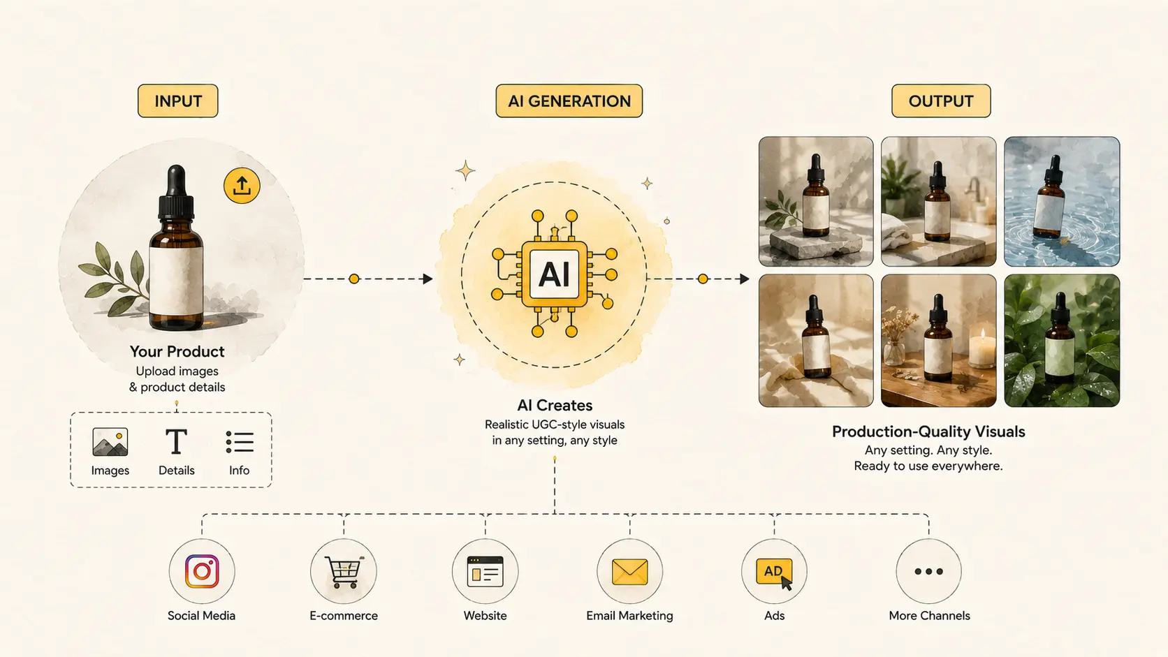 AI product visual pipeline: upload your product images and details, AI generates realistic UGC-style visuals in any setting, producing production-quality images ready for social media, e-commerce, website, email marketing and ads.