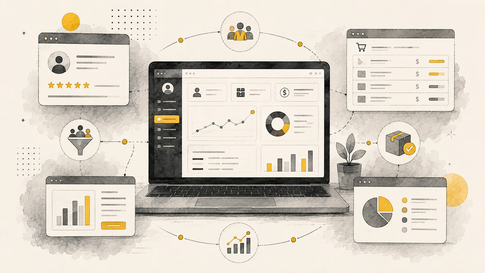 CRM dashboard showing a lead funnel, customer profile, order pipeline, and revenue charts in one screen