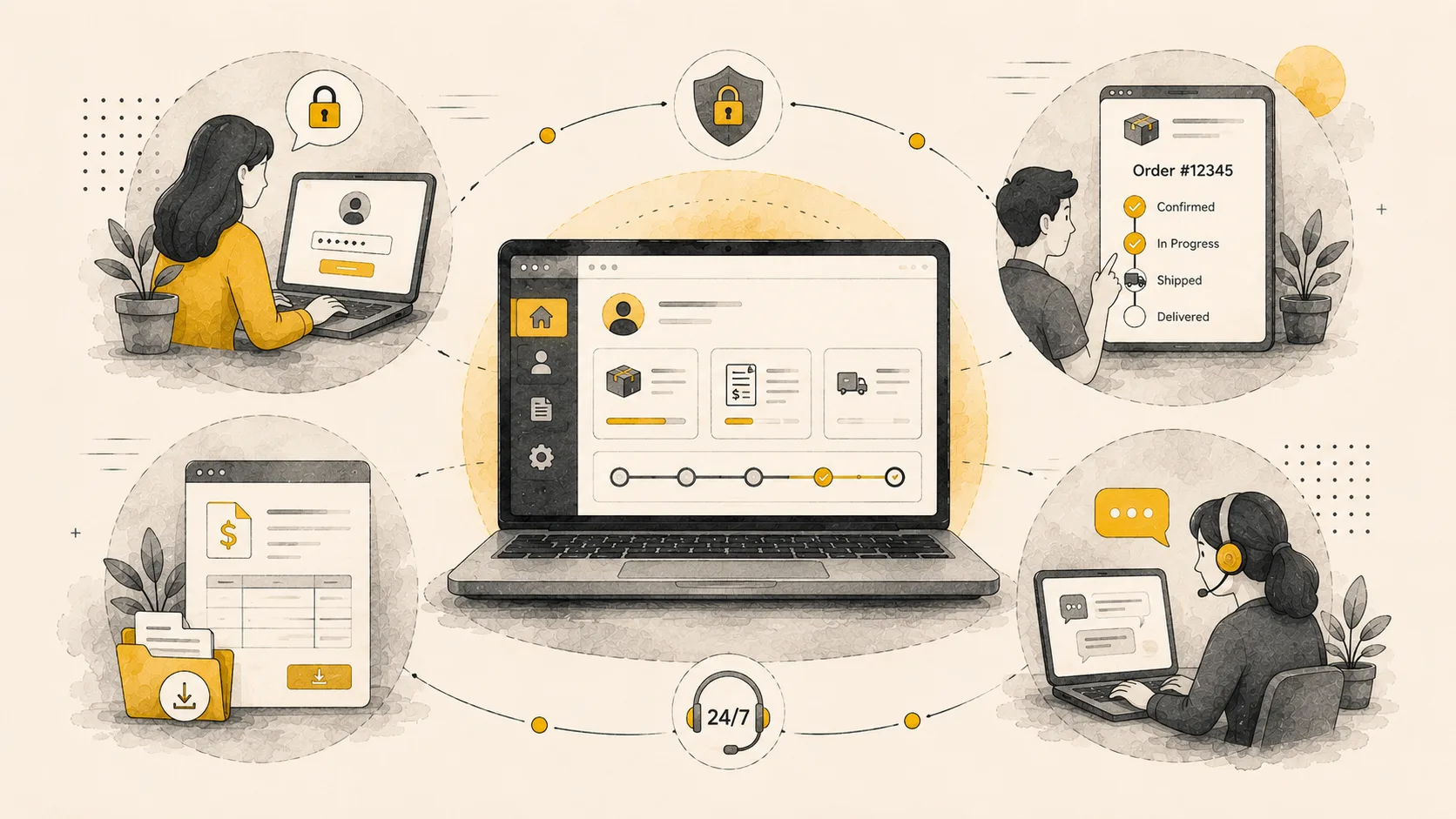 Customer portal showing a secure login, live order status tracker, downloadable invoices, and support chat