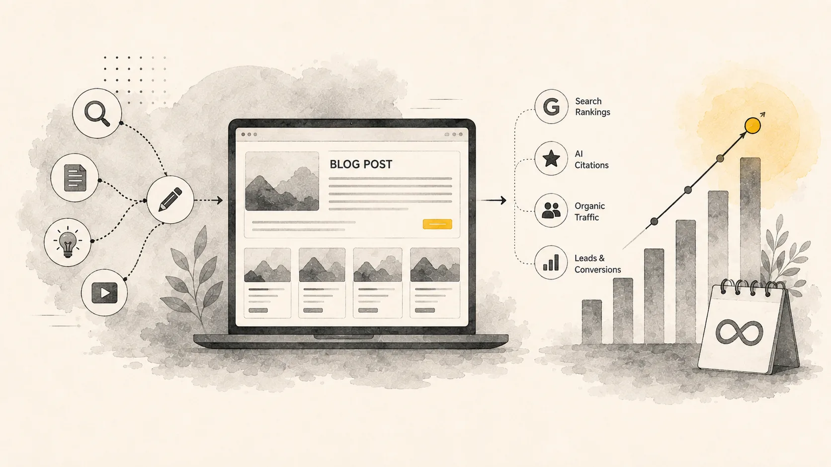 A content calendar and article draft feeding into a write, automate, promote pipeline with a rising growth chart.