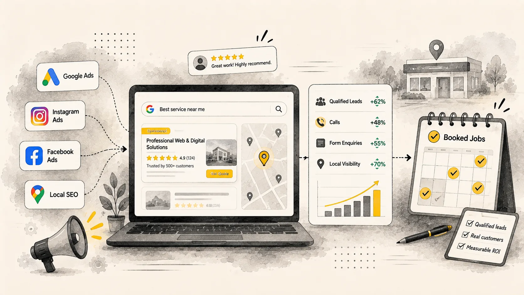 An ad card and a phone showing a local map listing with reviews, beside a storefront and a revenue chart.