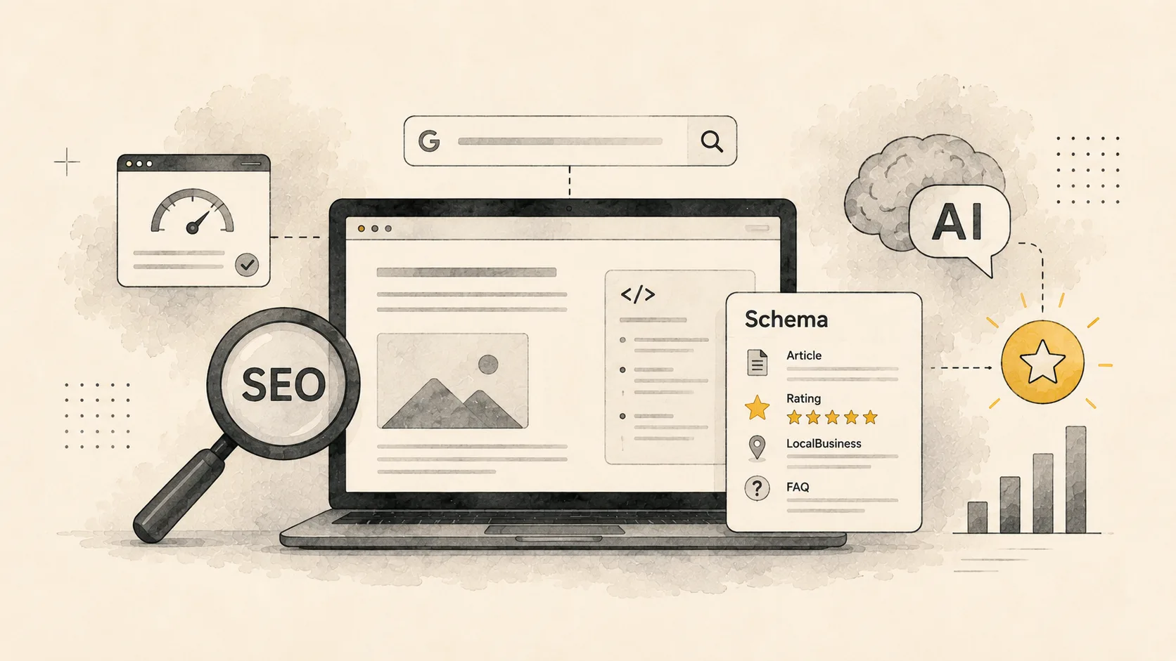 A search results screen with a schema markup panel and a sitemap diagram beside it.