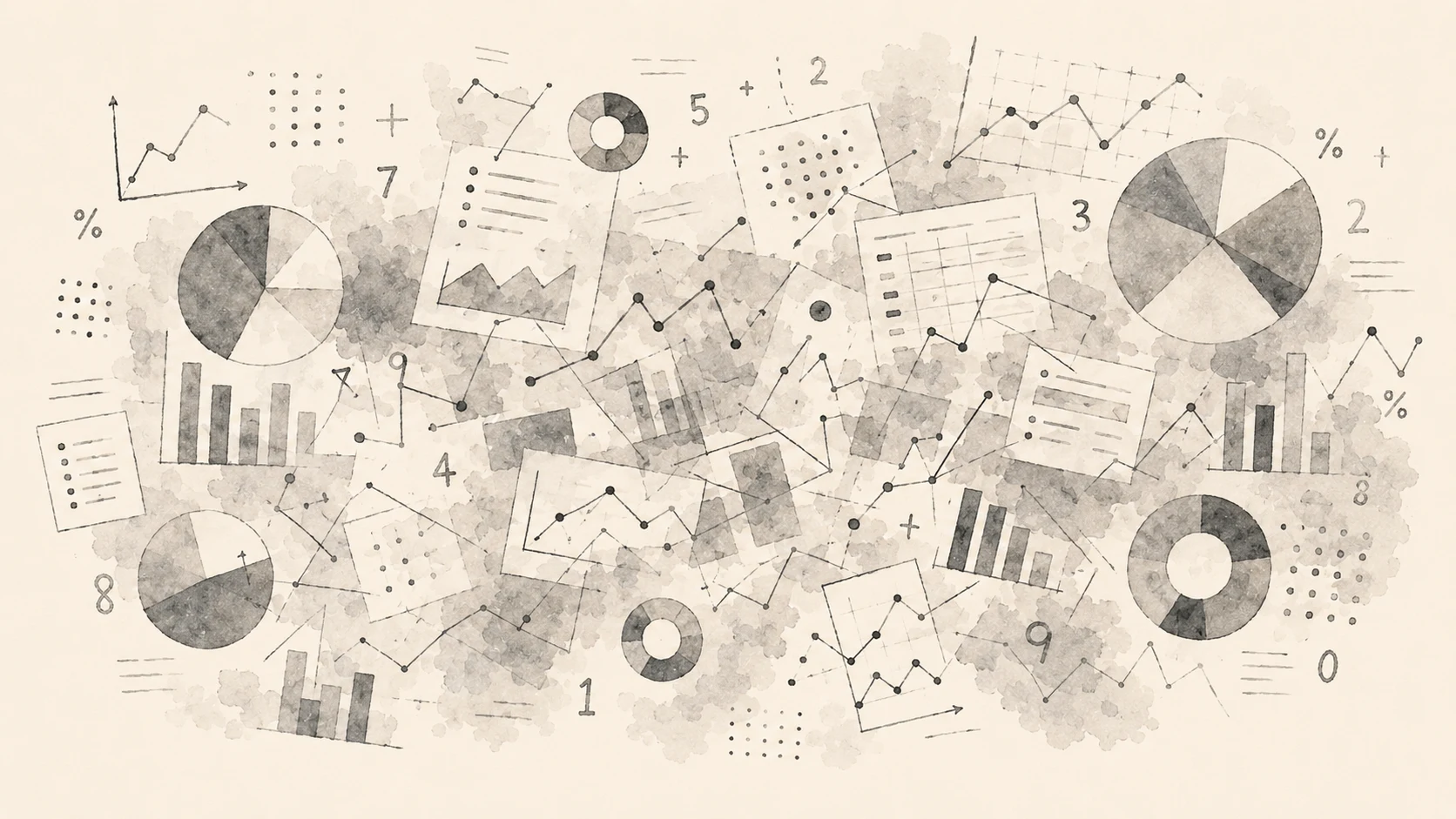 A tangle of disconnected vanity-metric shapes — keyword positions, impressions, follower counts — with no single clear focal point.