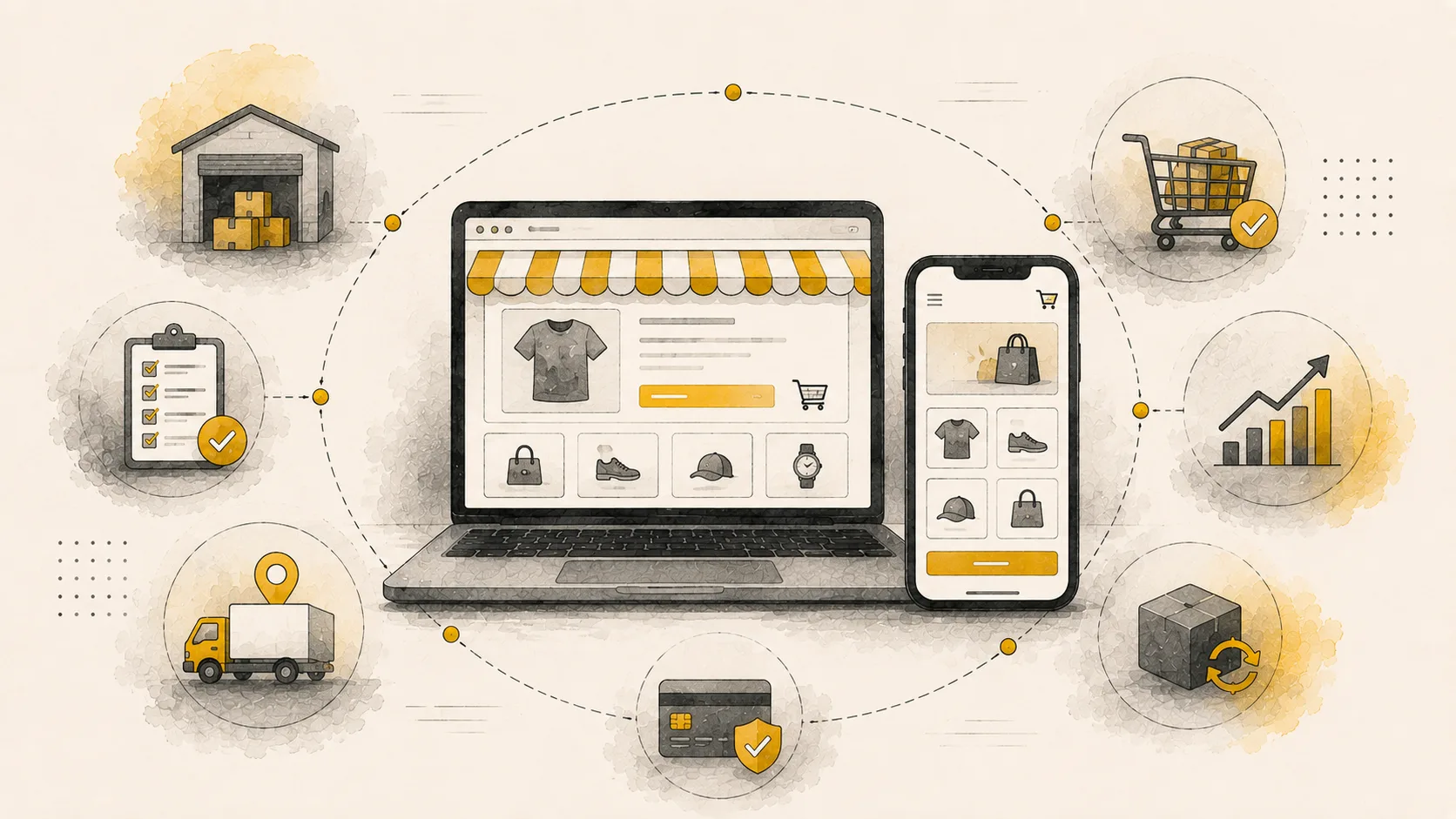 E-commerce storefront on laptop and mobile with product catalog, cart, checkout, and delivery tracking