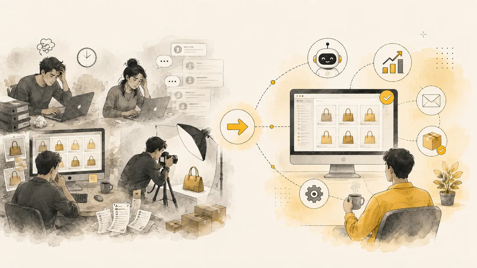 Left: a team buried in manual work, rebuilding the same product images by hand, answering repeat customer messages, running a studio photo shoot and packing boxes. Right: the same business running on automation, with one person watching a dashboard while an AI assistant, analytics, email and order fulfilment run themselves.