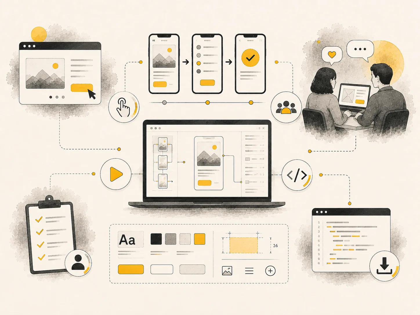 A clickable mobile-screen prototype flow next to a developer handoff panel with spacing specs and exported code