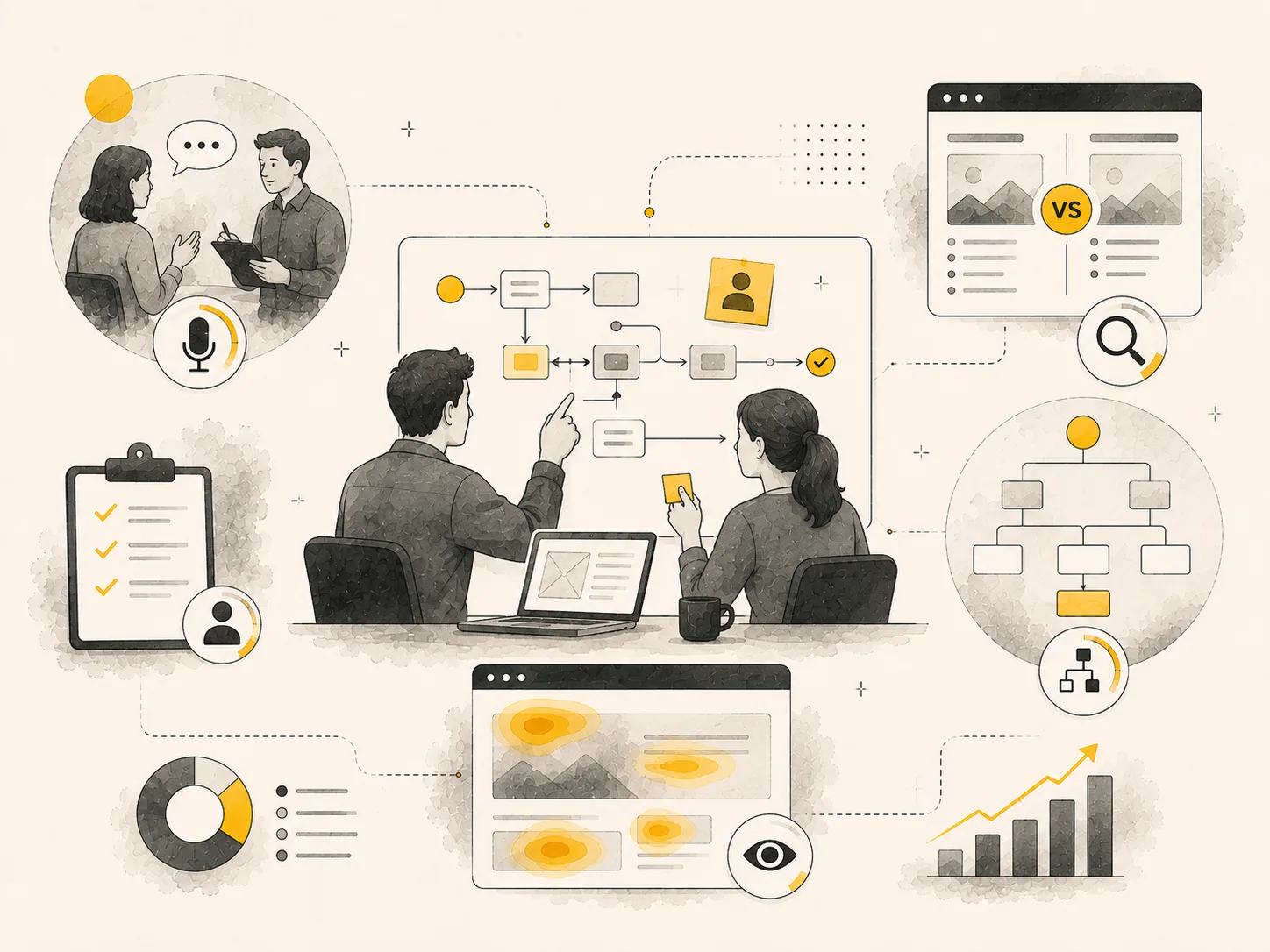 A user interview, a user-flow map with sticky notes, an information-architecture tree, and a heatmap review, laid out as one research process