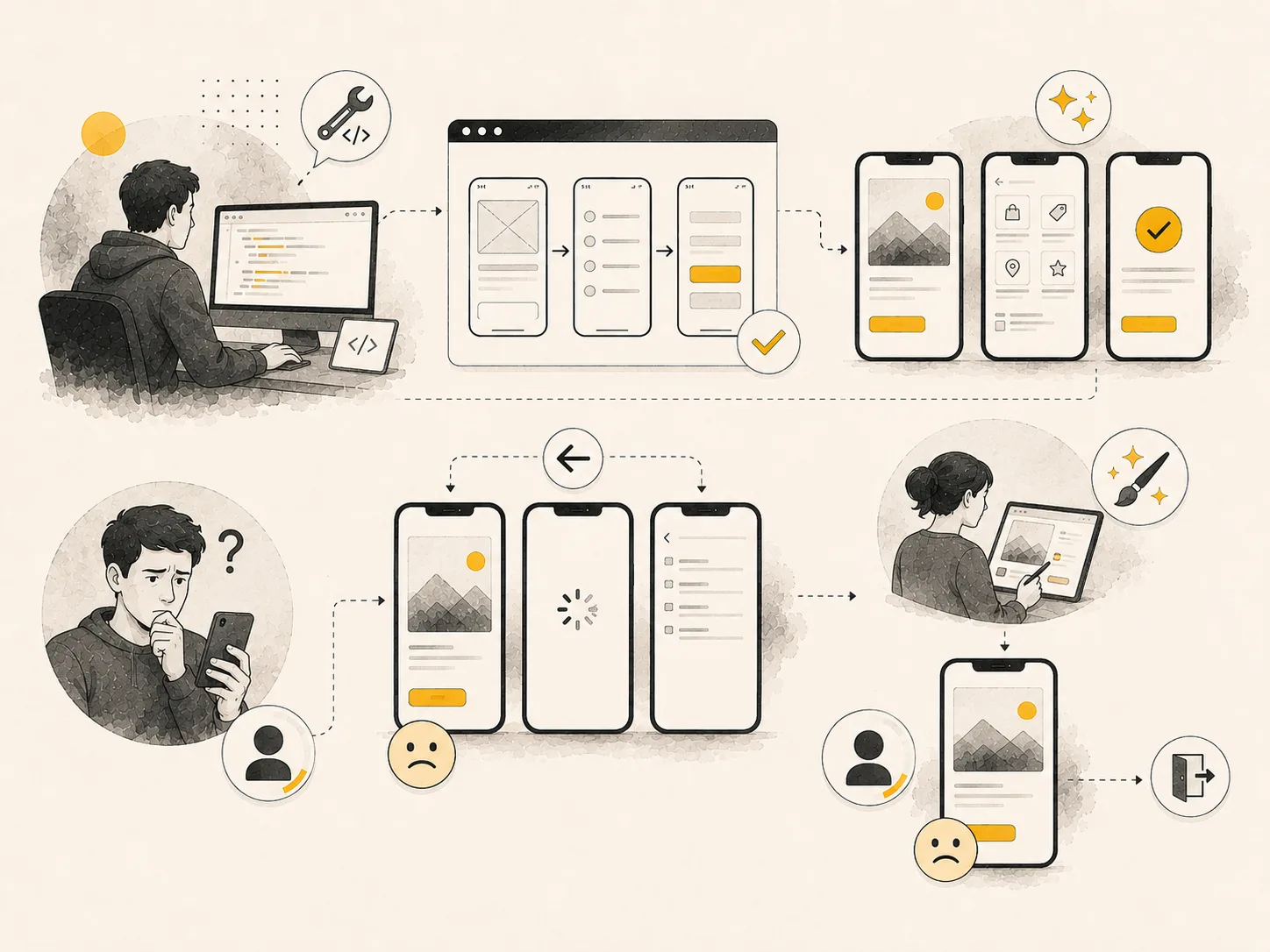A developer builds and ships screens alone; a user opens the result confused, stuck on a loading state, and backs out, while a designer working from research ships a flow the same user completes without hesitating
