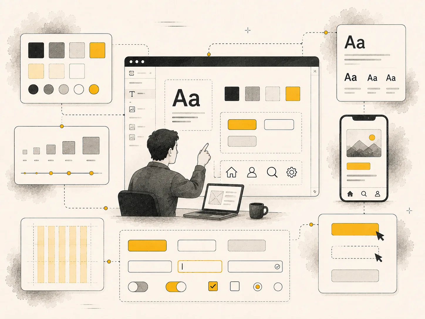A Figma design system panel showing a color palette, type scale, spacing grid, and button/input/toggle component states